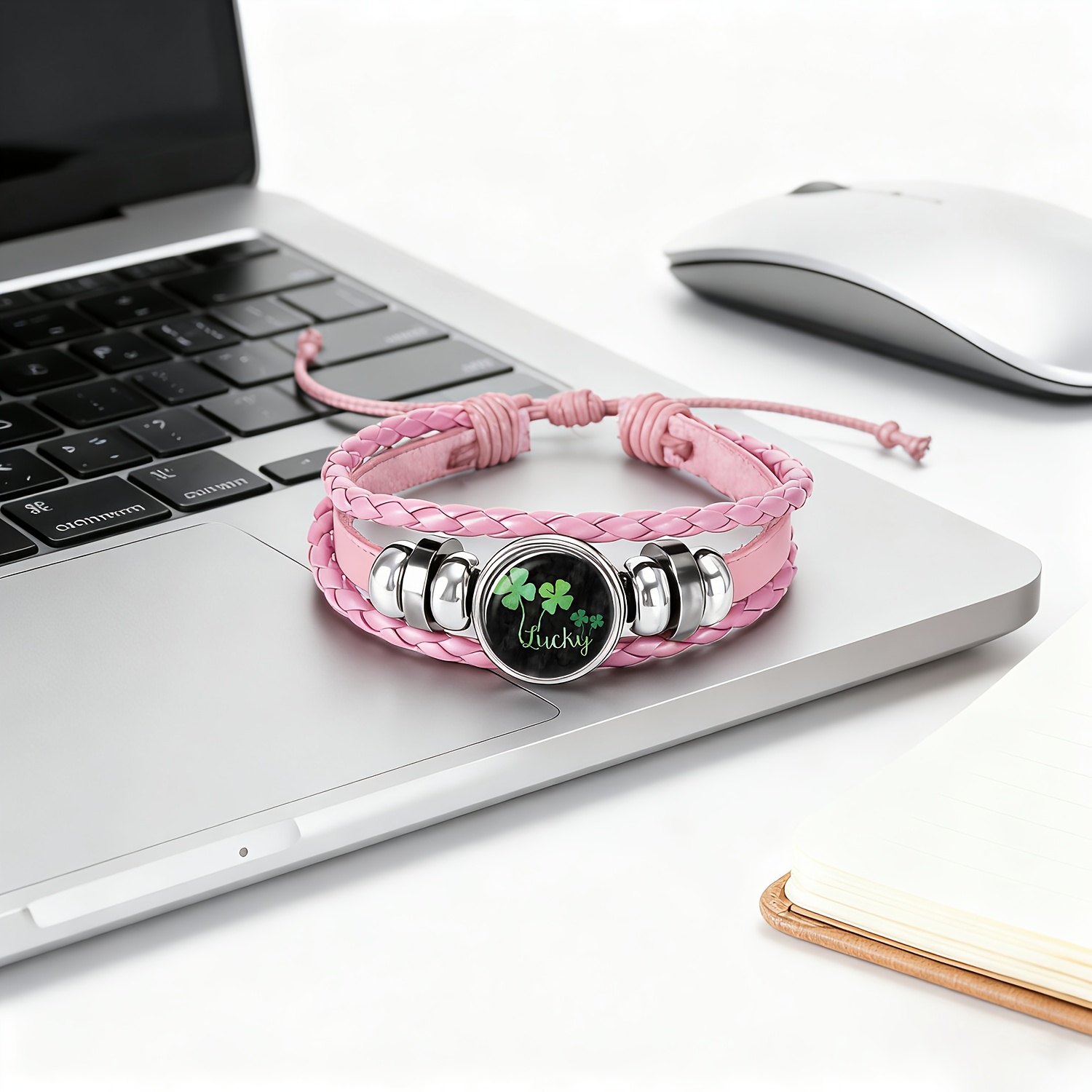 Women's Pink Bracelet with Green Four-Leaf Clover